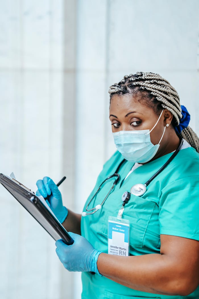 African American physician in uniform with clipboard